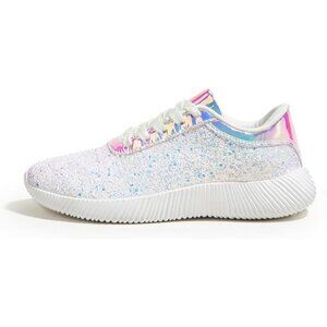 Brand New Women White Rubber LUCKY STEP Glitter Sparkly Metallic Tennis Shoes